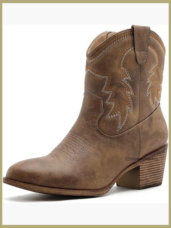 Shoes - Women's Cowgirl Ankle Boots with Embroidered Stitching Low Heel Side Zip